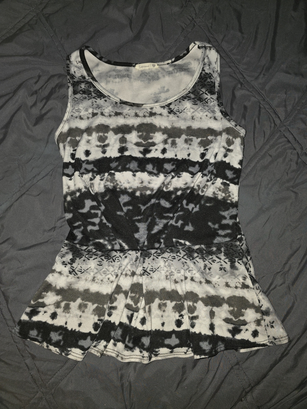 Soprano Black White Gray Dye Peplum Tank Top